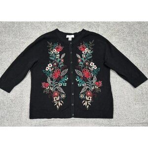 CJ Banks Sweater Womens X Black Cardigan Embroidered Floral 3/4 Sleeve